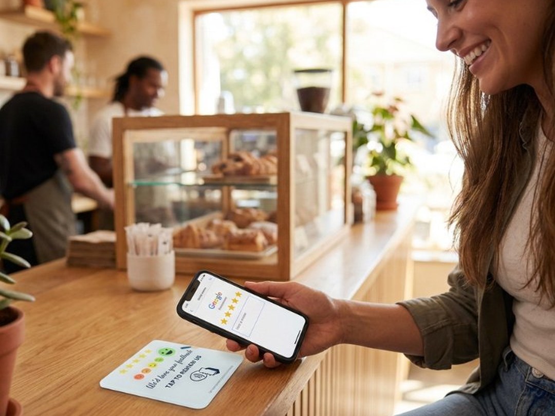 Cafe owner placing Google Review Plate on counter